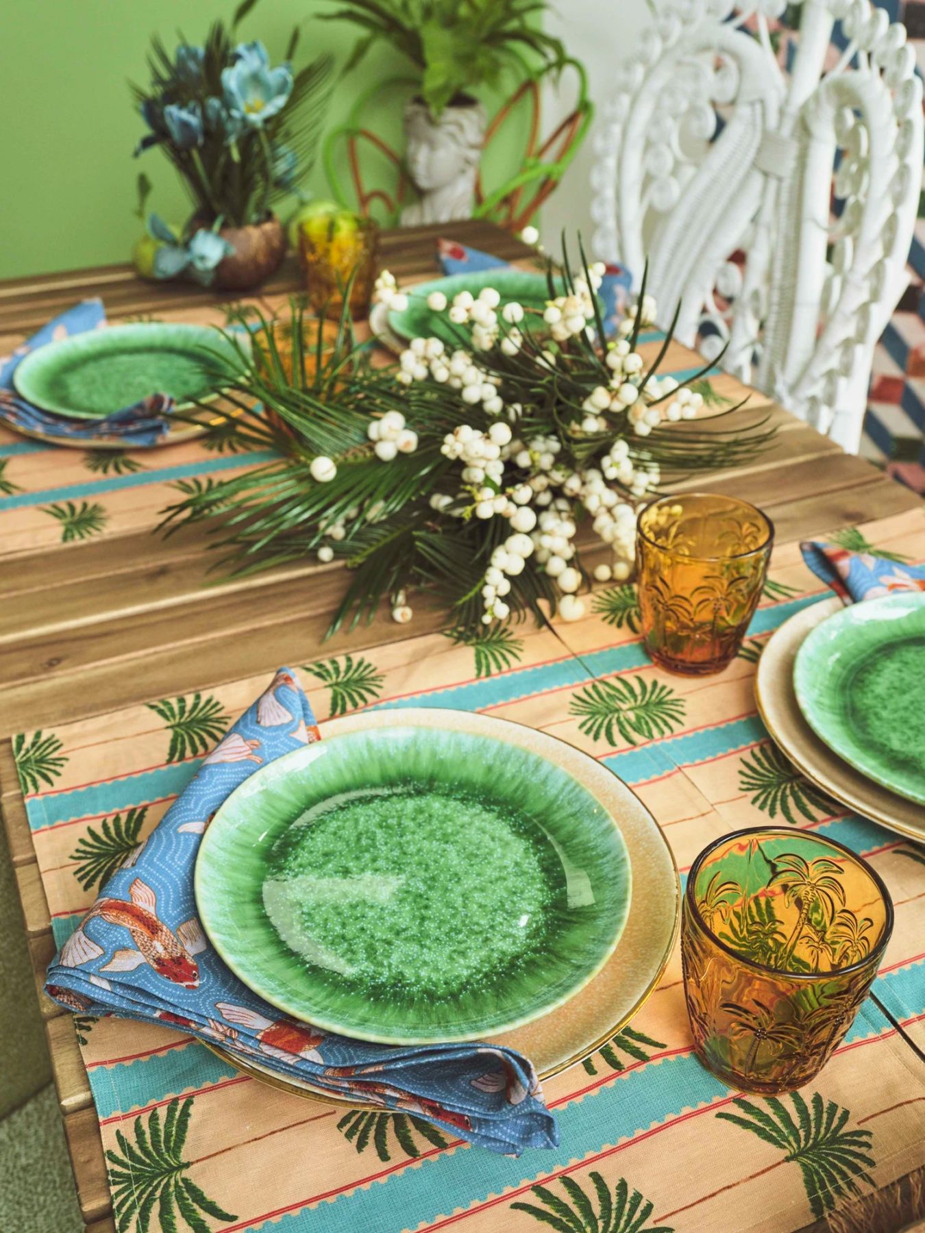 The vibrant Jungle Salad plate paired with the Green drink glass set (Image: Ong Shunmugam)