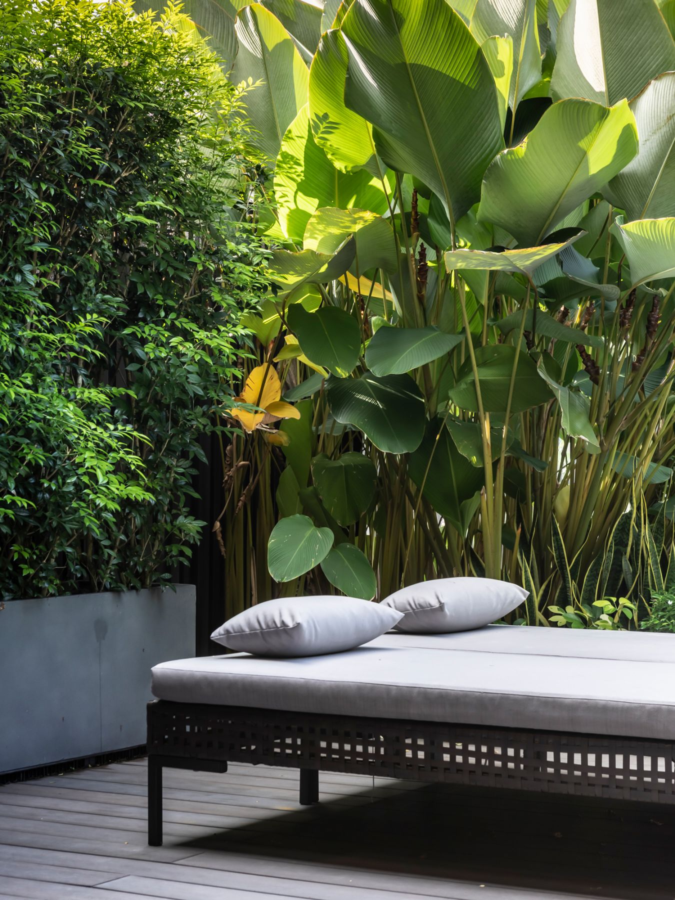 The roof garden is furnished with daybeds for lounging in the sun