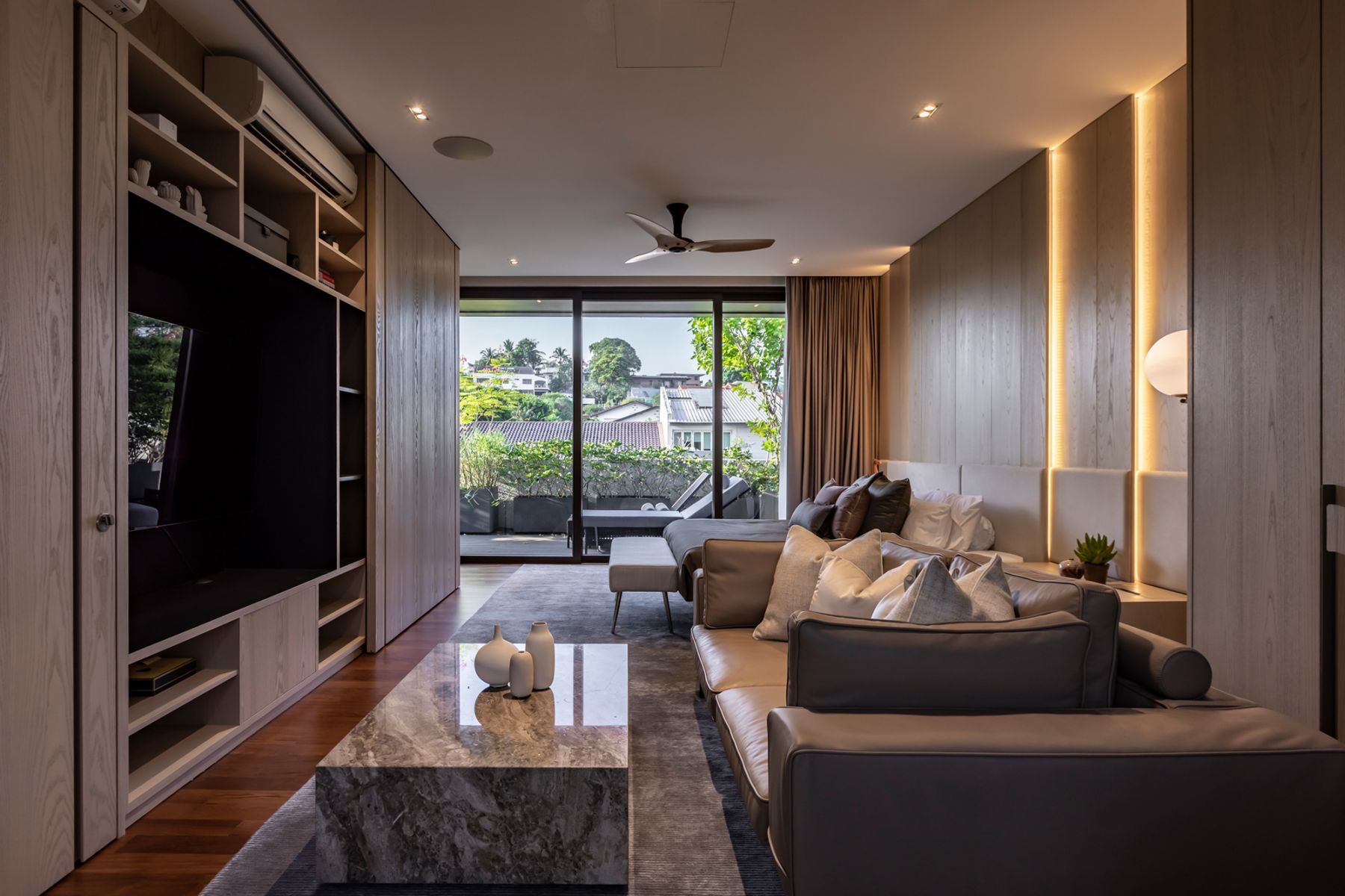 The rooftop garden is accessible at the far end of the bedroom