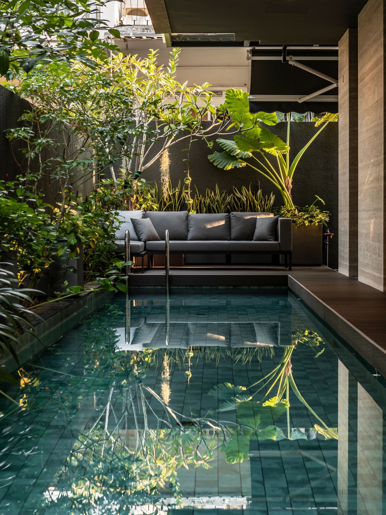 The outdoor pool area exudes a sense of serenity