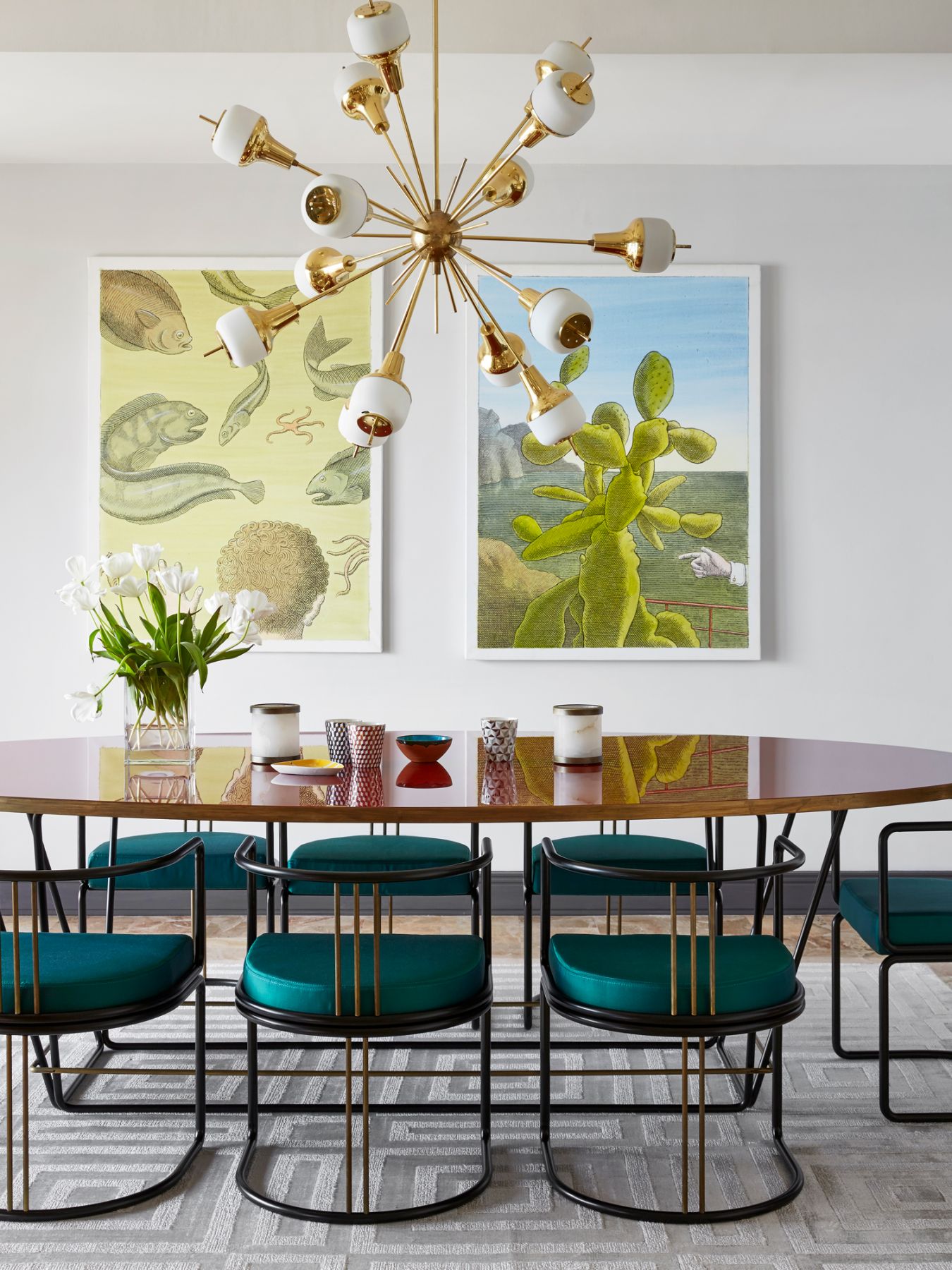 Velvet dining chairs add a touch of luxe