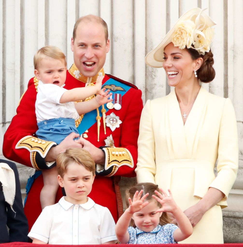LONDON, UNITED KINGDOM - JUNE 08: (EMBARGOED FOR PUBLICATION IN UK NEWSPAPERS UNTIL 24 HOURS AFTER CREATE DATE AND TIME) Prince William, Duke of Cambridge, Catherine, Duchess of Cambridge, Prince Louis of Cambridge, Prince George of Cambridge and Princess Charlotte of Cambridge watch a flypast from the balcony of Buckingham Palace during Trooping The Colour, the Queen's annual birthday parade, on June 8, 2019 in London, England. The annual ceremony involving over 1400 guardsmen and cavalry, is believed to h