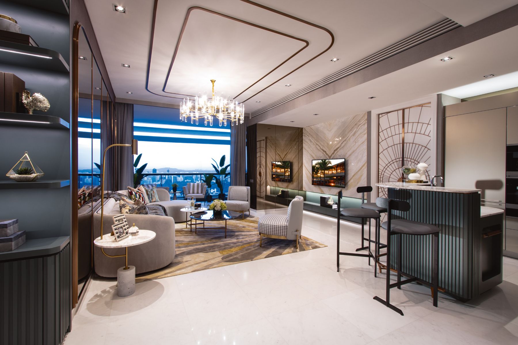 Touches of gold on the furnishings add a stylish slant to the living room