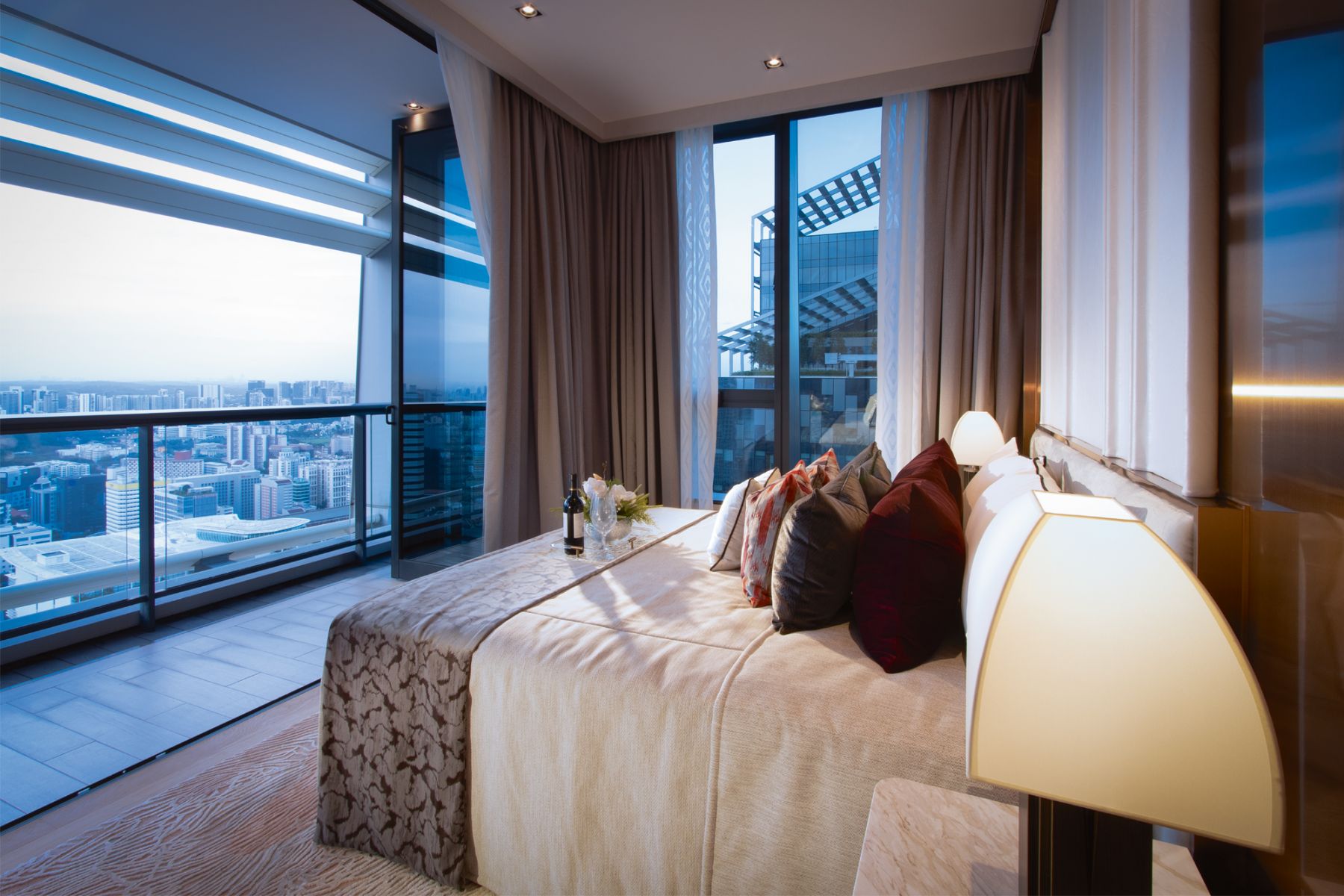 The master bedroom looks out to enviable views of the city skyline