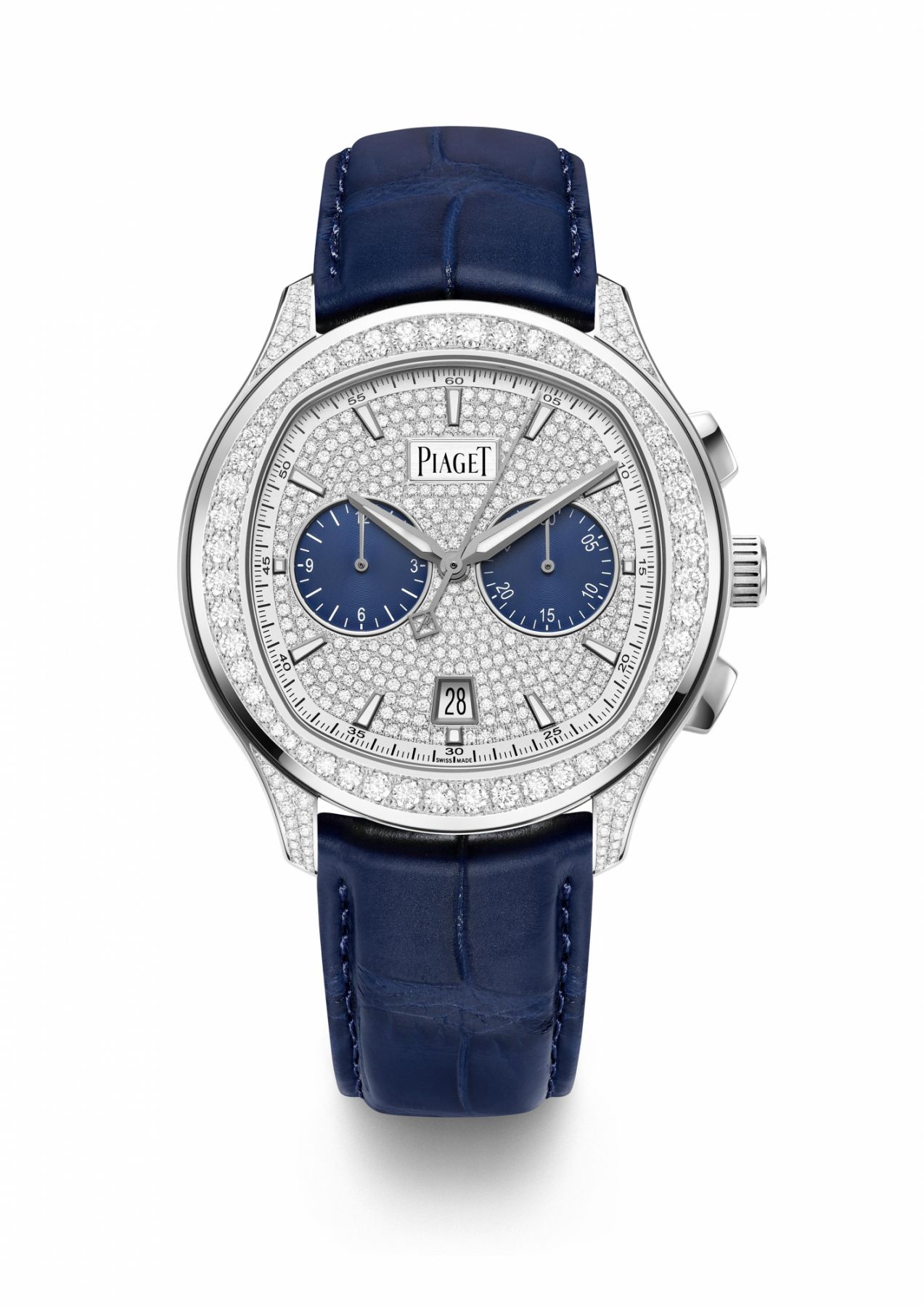 Piaget Polo Chronograph watch 42mmWhite gold case set with brilliant-cut diamonds1160P self-winding movement, H, Mn, S, Date, ChronoDiamond-paved dial with blue countersBlue colored oscillating weightBlue self-interchangeable alligator strap