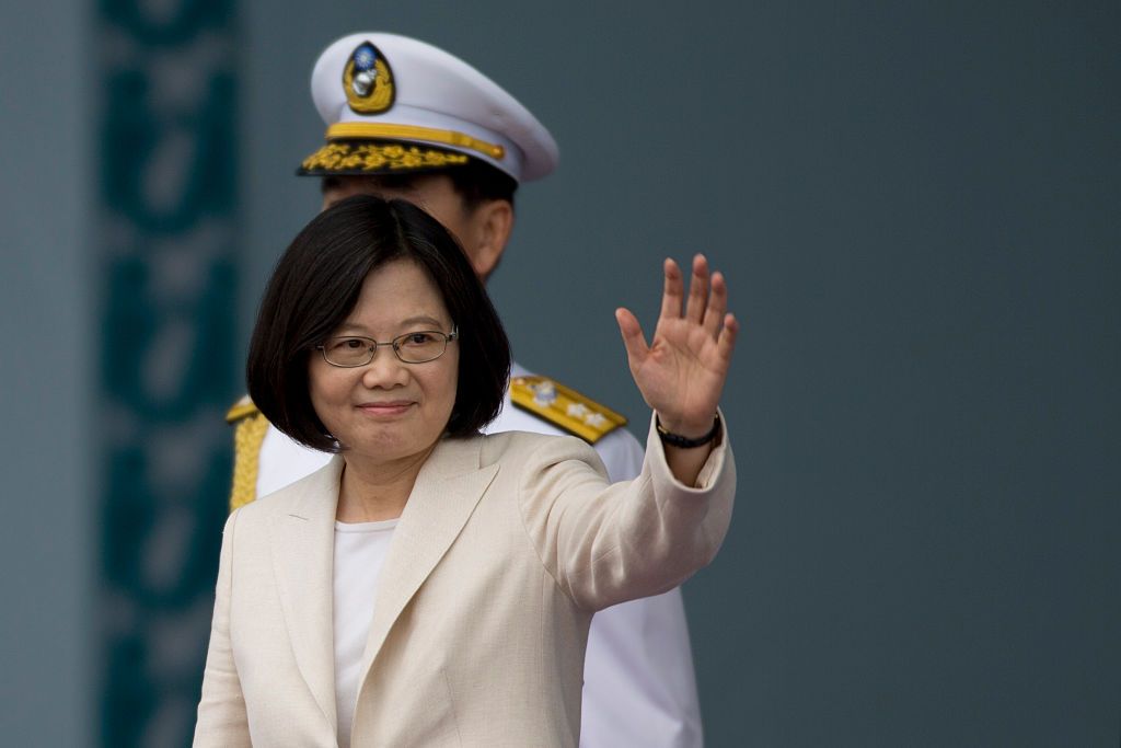 TAIPEI, TAIWAN - MAY 20: Taiwan President Tsai Ing-wen waves to the supporters at the celebration of the 14th presidential inauguration on May 20, 2016 in Taipei, Taiwan. Taiwan's new president Tsai Ing-wen took oath of office on May 20 after a landslide election victory on January 16, 2016. (Photo by Ashley Pon/Getty Images)