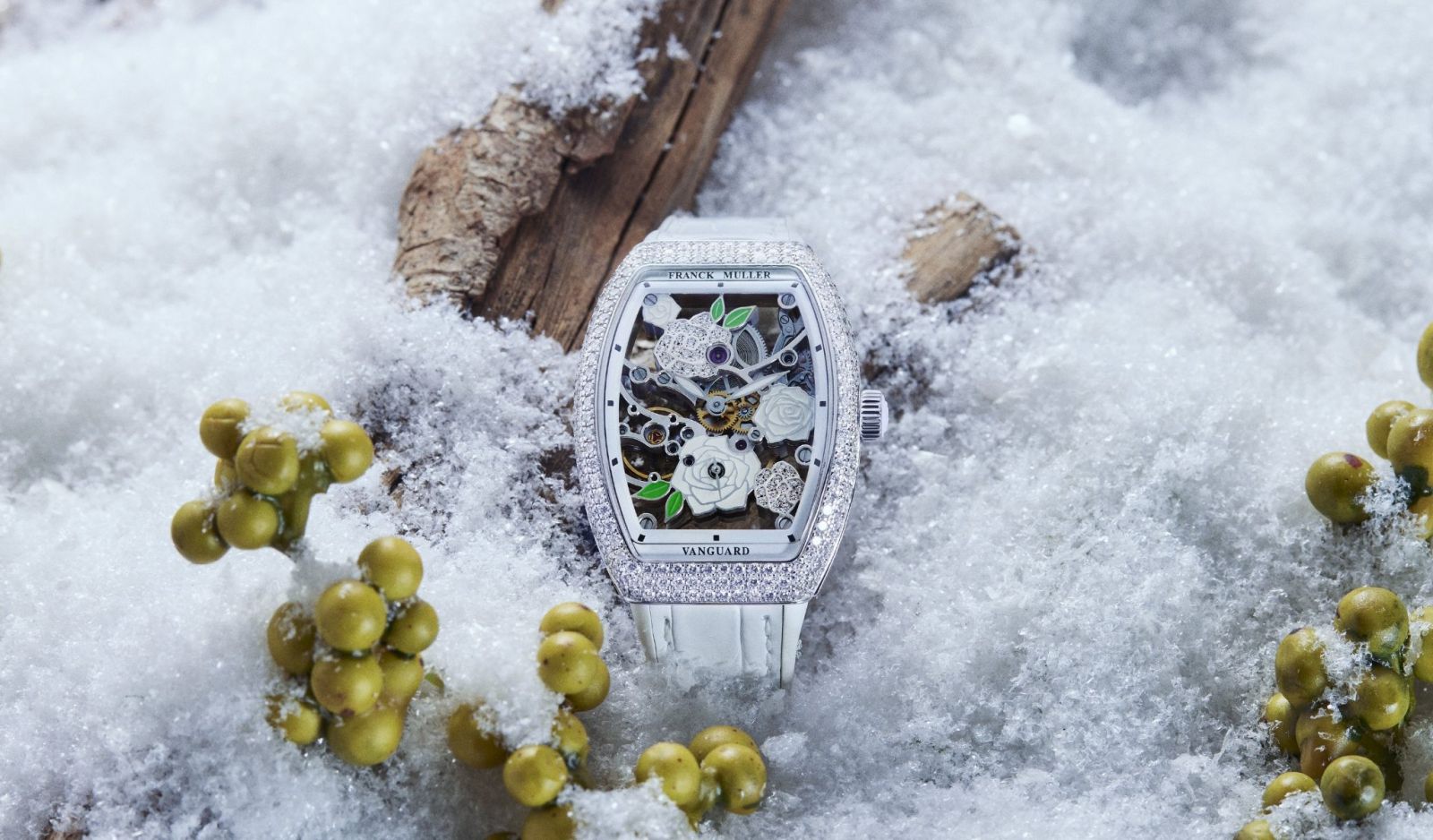 Vanguard Rose Skeleton in 18k white gold with white alligator strap