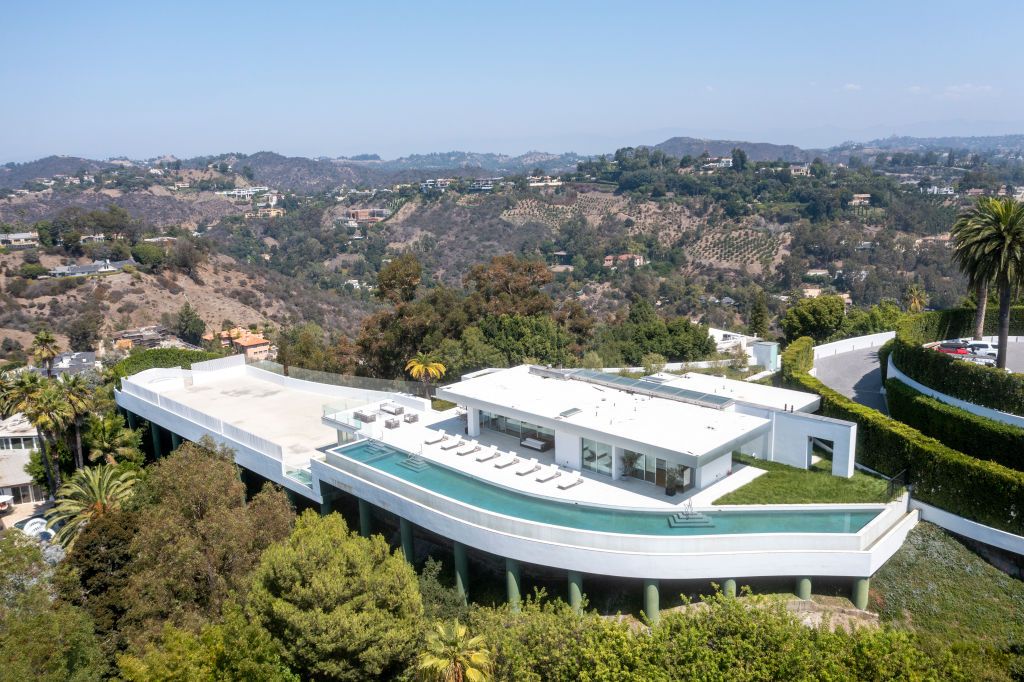 Beverly Hills, CA - September 08: An aerial view of the guest house and space for a tennis court at "The One Bel Air", a 105,000-square-foot mansion with a sky deck and putting green, night club, several swimming pools, a 50-seat theater, a four-lane bowling alley and more by Nile Niami of Skyline Development and designed by Paul McClean (McClean Design). The One is shown by court-appointed receiver Ted Lanes, who now controls the property and is in charge of finding a buyer and paying off the lenders and o