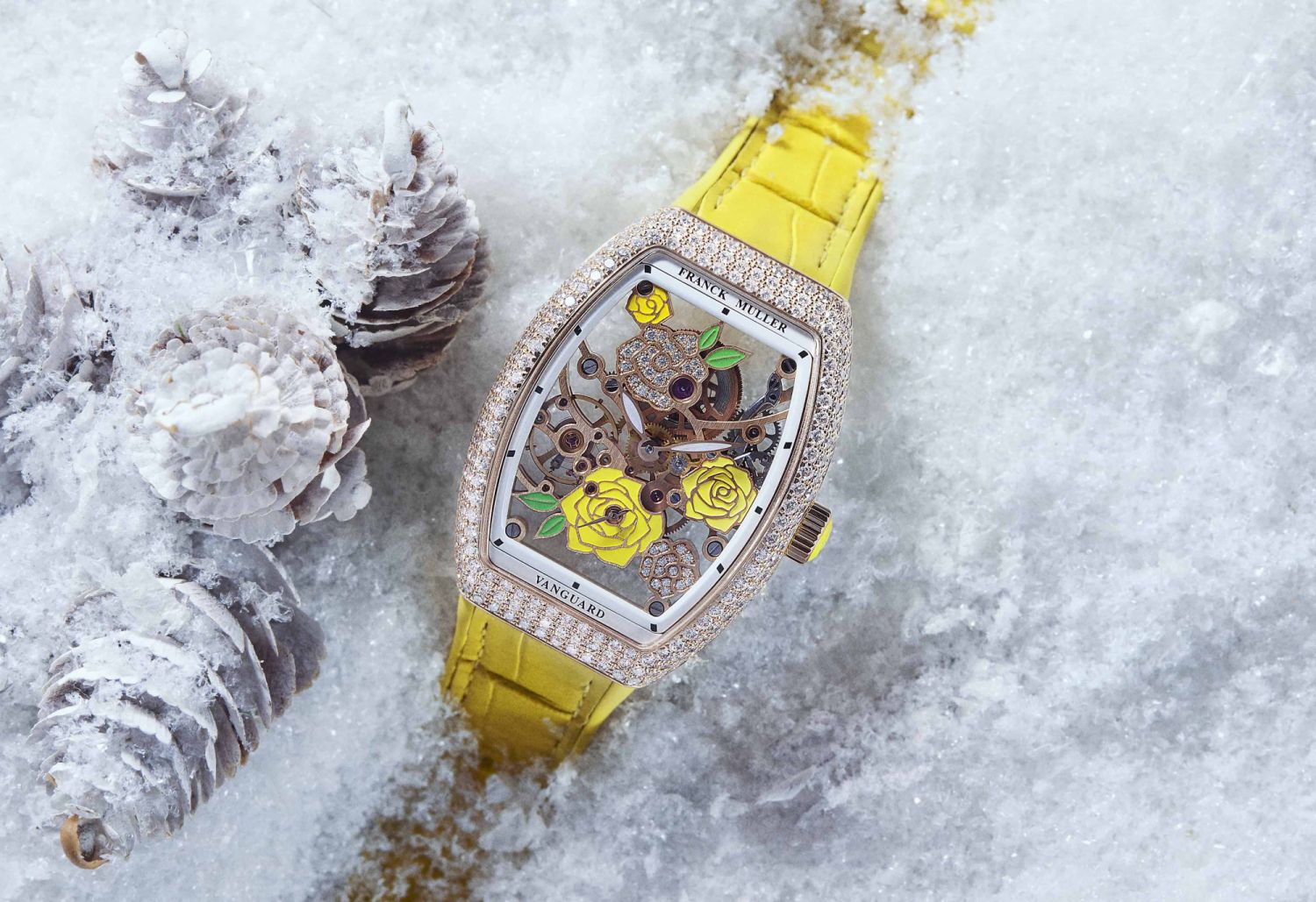 Vanguard Rose Skeleton in 18k rose gold with yellow alligator strap