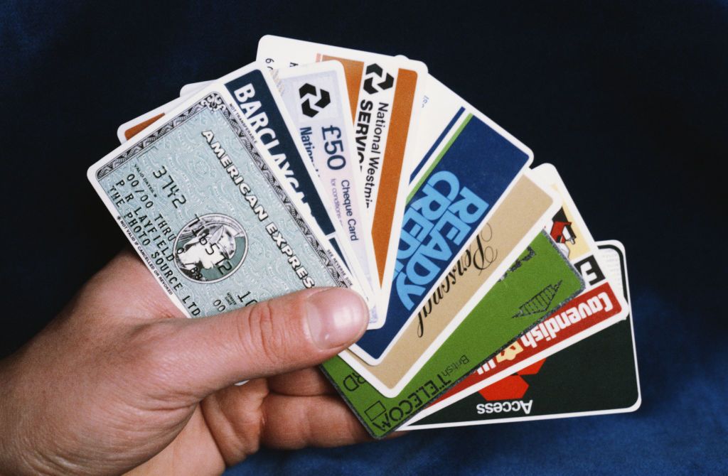 A selection of credit and bank cards, along with a green British Telecom phone card, 1986. (Photo by Fox Photos/Hulton Archive/Getty Images)