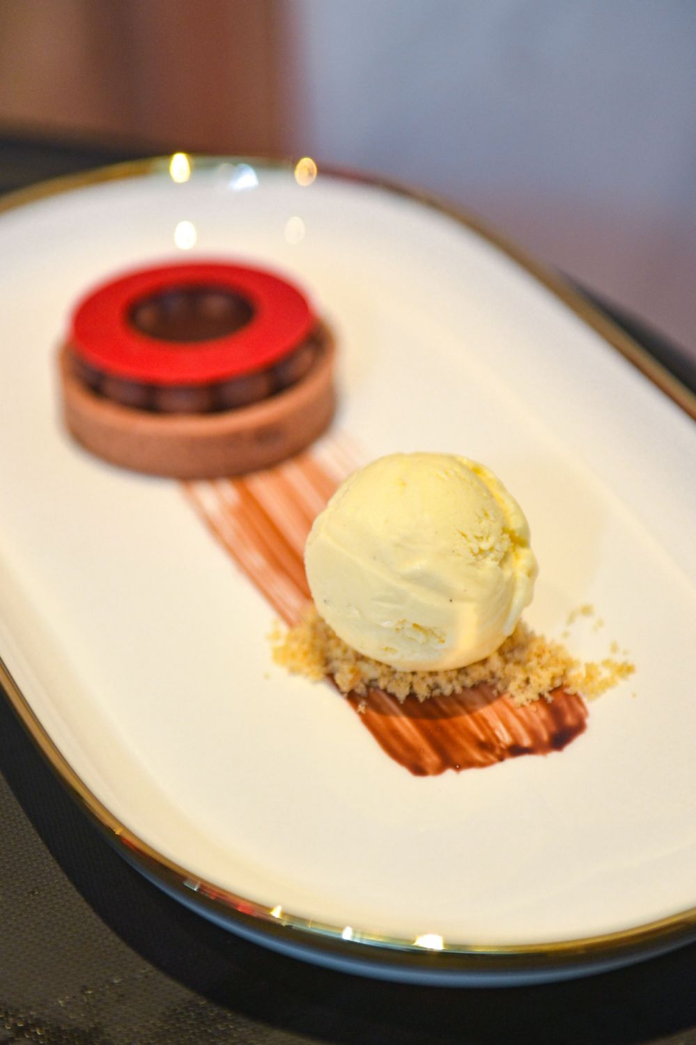 Bitter chocolate tart, vanilla bean ice cream, chocolate fudge sauce, and sea salt, one of the desserts paired with The Macallan Rare Cask