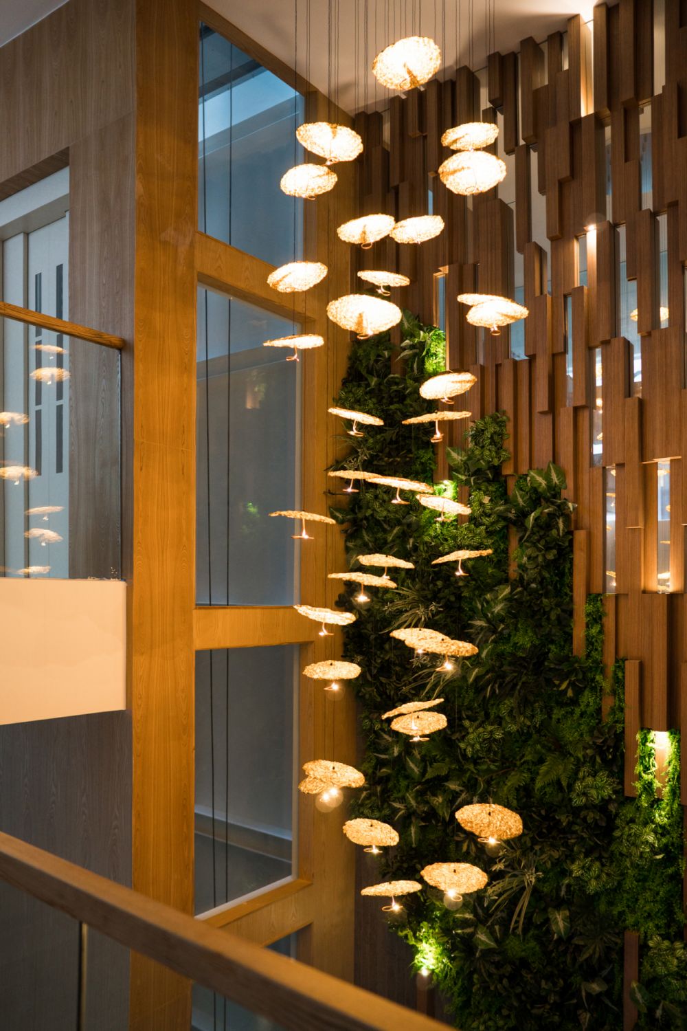 Viewable from all three floors, the pendant lighting adds a luxe touch to the home