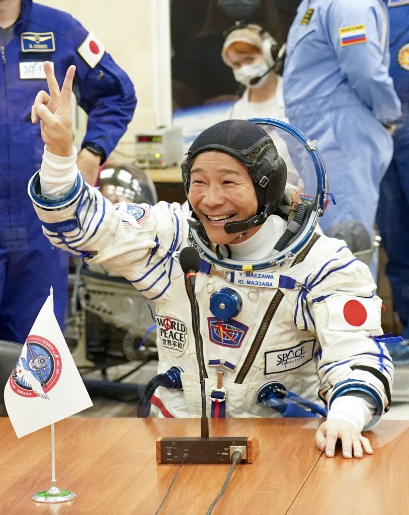 BAIKONUR, KAZAKHSTAN - DECEMBER 8: Space tourist Yusaku Maezawa is seen ahead of the launch of the Soyuz 2.1a carrier rocket with the Soyuz MS-20 spacecraft carrying Roscosmos cosmonaut Alexander Misurkin and Japanese space tourists Yusaku Maezawa and Yozo Hirano to the International Space Station (ISS) on December 8, 2021, in Baikonur Kazakhstan. (Photo by Pavel Pavlov/Anadolu Agency via Getty Images)