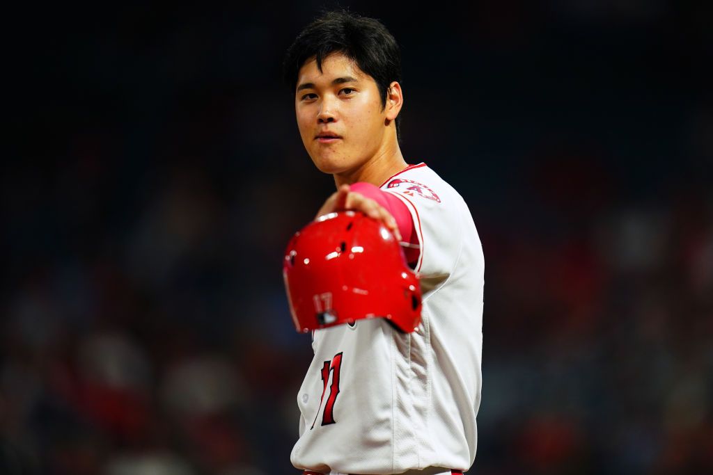 ANAHEIM, CA - SEPTEMBER 25:  Shohei Ohtani #17 of the Los Angeles Angels of Anaheim looks on during the game against the Texas Rangers at Angel Stadium on September 25, 2018 in Anaheim, California.  (Photo by Masterpress/Getty Images)