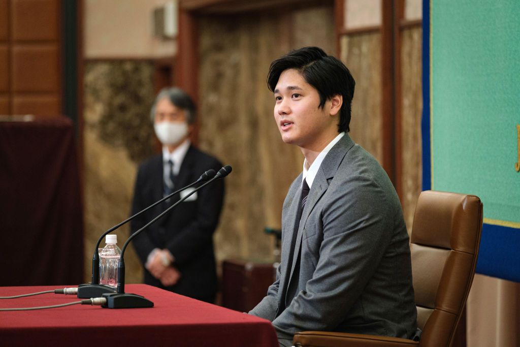 TOKYO, JAPAN - NOVEMBER 15: Shohei Ohtani of the Los Angeles Angels attends a press conference at the Japan National Press Club on November 15, 2021 in Tokyo, Japan. (Photo by Nicolas Datiche - Pool/Getty Images)