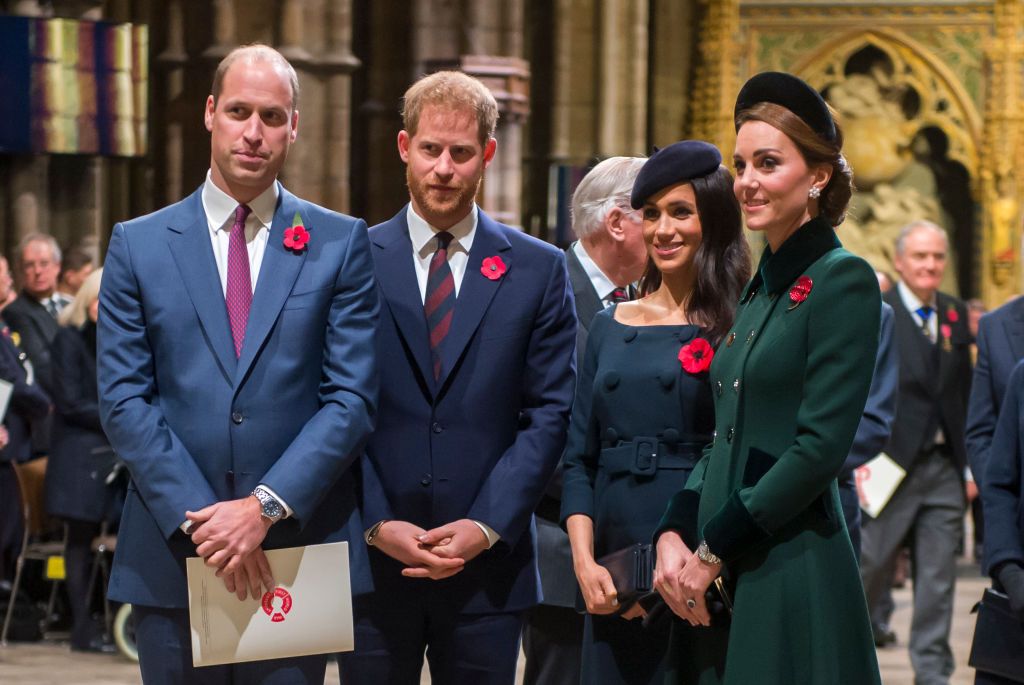 LONDON, ENGLAND - NOVEMBER 11: Prince William, Duke of Cambridge and Catherine, Duchess of Cambridge, Prince Harry, Duke of Sussex and Meghan, Duchess of Sussex attend a service marking the centenary of WW1 armistice at Westminster Abbey on November 11, 2018 in London, England. The armistice ending the First World War between the Allies and Germany was signed at Compiègne, France on eleventh hour of the eleventh day of the eleventh month - 11am on the 11th November 1918. This day is commemorated as Remembr