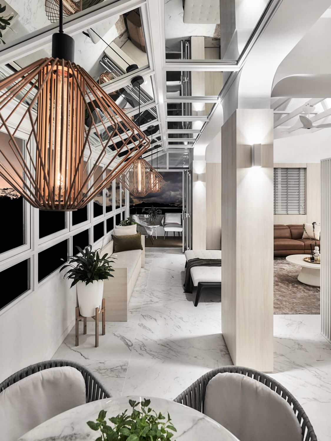Brass lighting fixtures dominate this communal area