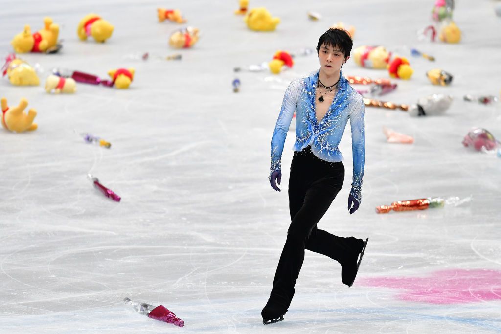 SAITAMA, JAPAN - MARCH 21: (EDITOR'S NOTE: Alternative crop of image # 1137335073)  Yuzuru Hanyu of Japan is surrounded by Winnie-the-Pooh toys after he competed in the Men's short program during day 2 of the ISU World Figure Skating Championships 2019 at Saitama Super Arena on March 21, 2019 in Saitama, Japan. (Photo by Atsushi Tomura - International Skating Union/International Skating Union via Getty Images)