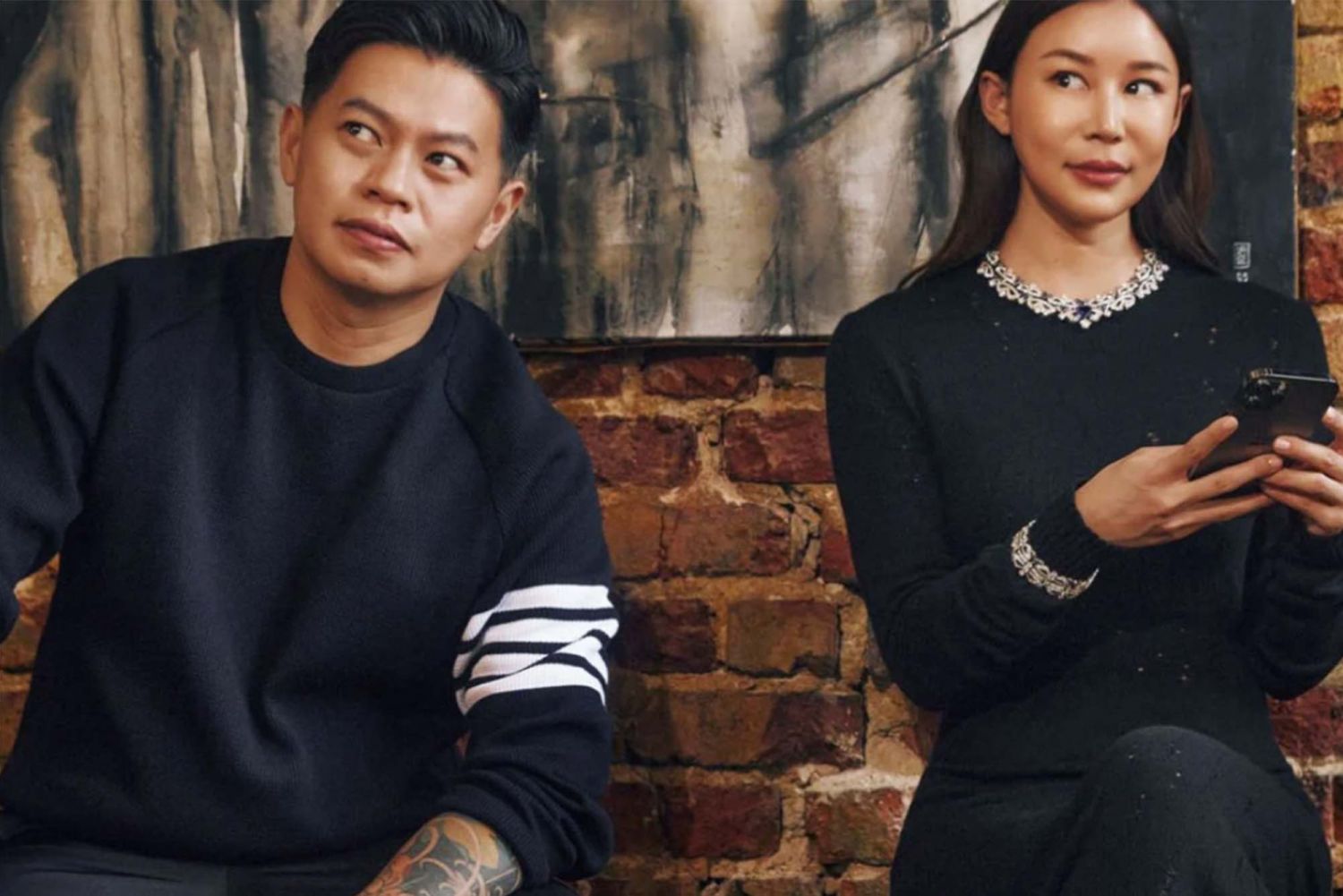 Lim Yew Aun wears Thom Browne sweater from Dover Street Market Singapore, Prada trousers, Bulgari Octo Roma Tourbillon watch in rose gold. Liling Ong wears Longchamp dress, Bulgari high jewellery necklace, bracelet in platinum with sapphires and diamonds