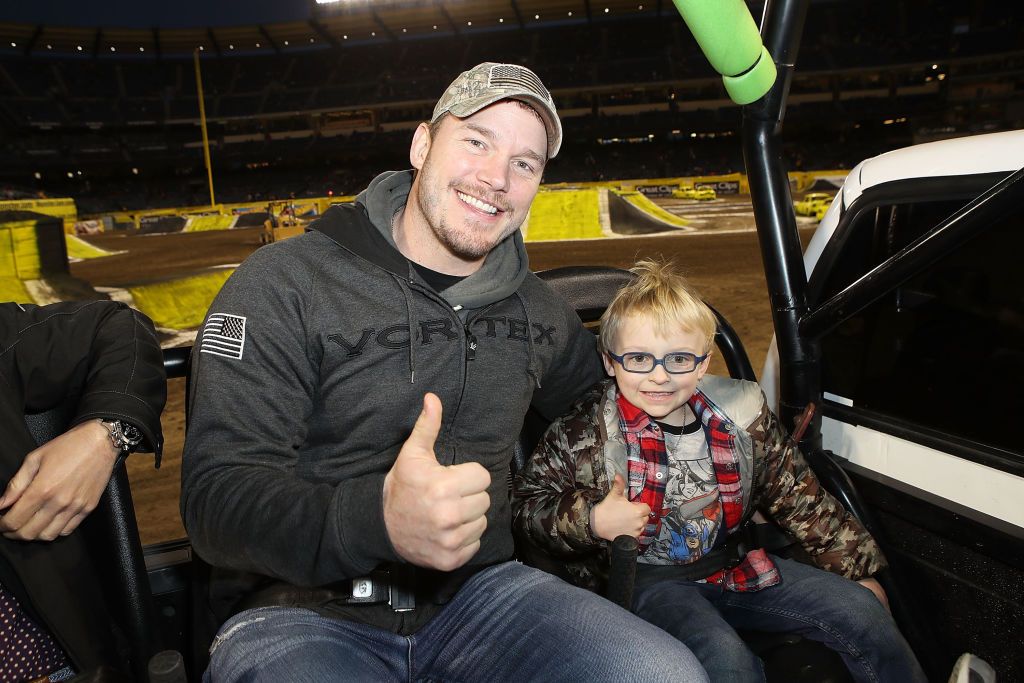 ANAHEIM, CA - FEBRUARY 24: Actor Chris Pratt and son Jack attend Monster Jam Celebrity Event at Angel Stadium on February 24, 2018 in Anaheim, California. (Photo by Ari Perilstein/Getty Images for Feld Entertainment)