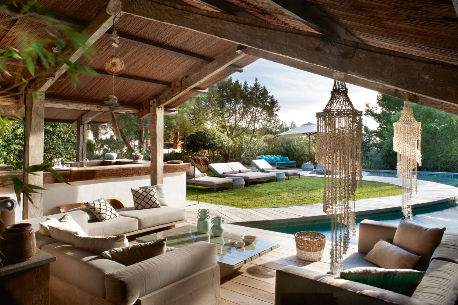 An earthy palette contributes to the serene nature of this outdoor deck