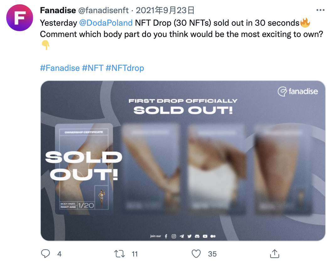 Fanadise出售 波蘭女星身體數位虛擬406個NFT