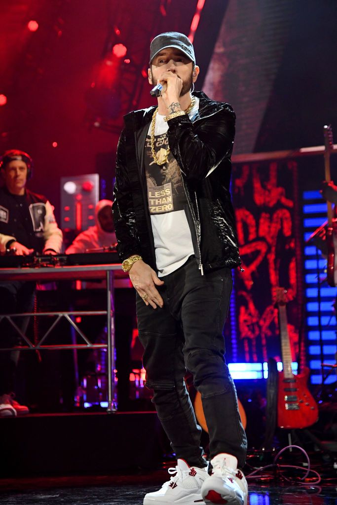CLEVELAND, OHIO - OCTOBER 30: Eminem performs onstage during the 36th Annual Rock & Roll Hall Of Fame Induction Ceremony at Rocket Mortgage Fieldhouse on October 30, 2021 in Cleveland, Ohio. (Photo by Kevin Mazur/Getty Images for The Rock and Roll Hall of Fame )