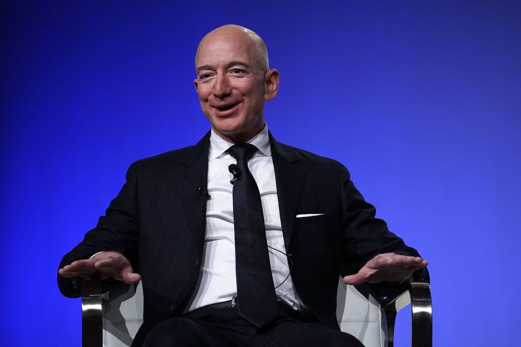 NATIONAL HARBOR, MD - SEPTEMBER 19: Amazon CEO Jeff Bezos, founder of space venture Blue Origin and owner of The Washington Post, participates in an event hosted by the Air Force Association September 19, 2018 in National Harbor, Maryland. Bezos talked about innovating in large organizations as well as staying on the cutting edge in the space industry. (Photo by Alex Wong/Getty Images)