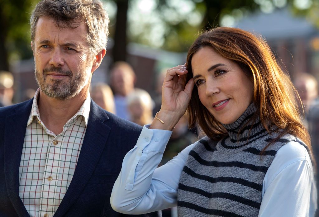JELLING, DENMARK - SEPTEMBER 25: Crown Princess Mary and Crown Prince Frederik Of Denmark seen during their visit to the historical, Kings Jelling, on September 25, 2021 in Jelling, Denmark. Kings Jelling marks the establishment of Christianity as a state religion in Denmark by the baptizing of King Harald Bluetooth in 965AD. At this event the largest gold treasure ever was revealed which was found just outside Jelling. (Photo by Ole Jensen/Getty Images)