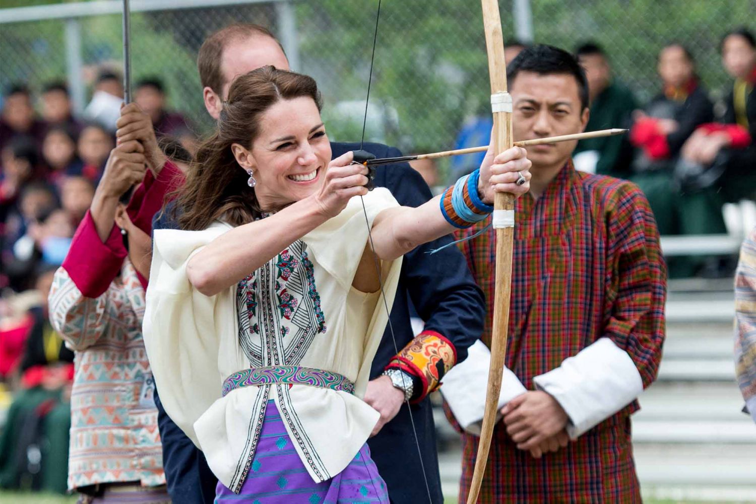 The Duchess of Cambridge takes part in archery at Thimphu's open-air archery venue in Thimphu, Bhutan. (Photo: Getty Images)
