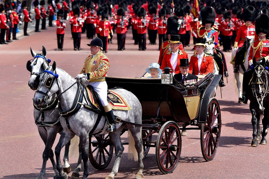 LONDON, ENGLAND - JUNE 17: Queen Elizabeth II and Prince Philip, Duke of Edinburgh arrive to Buckingham Palace during the Trooping the Colour parade on June 17, 2017 in London, England. (Photo by James Devaney/WireImage)