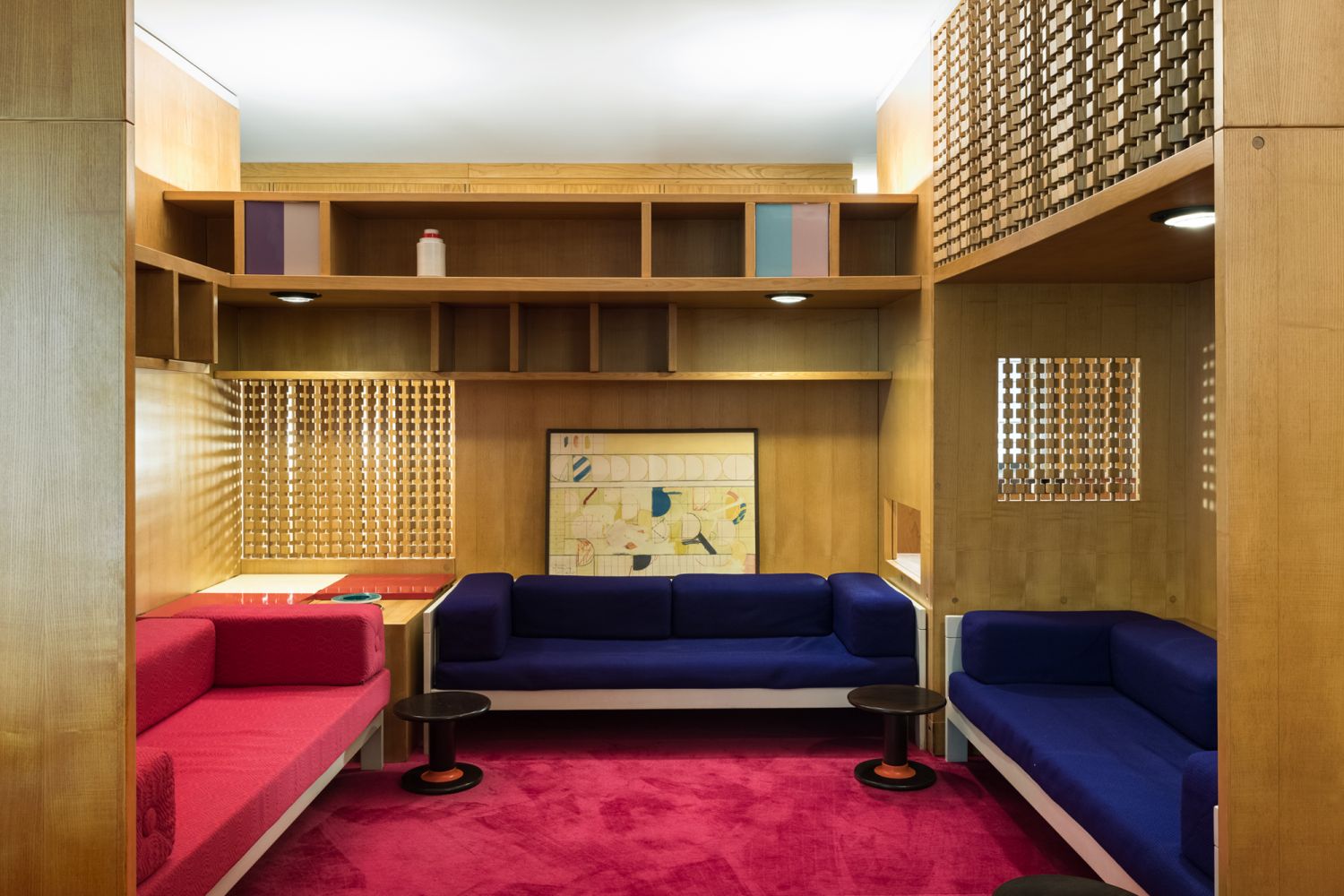 The living area of Casa Lana, an apartment designed by Ettore Sottsass that has been reconstructed as a permanent installation at the Triennale Milano museum in Italy