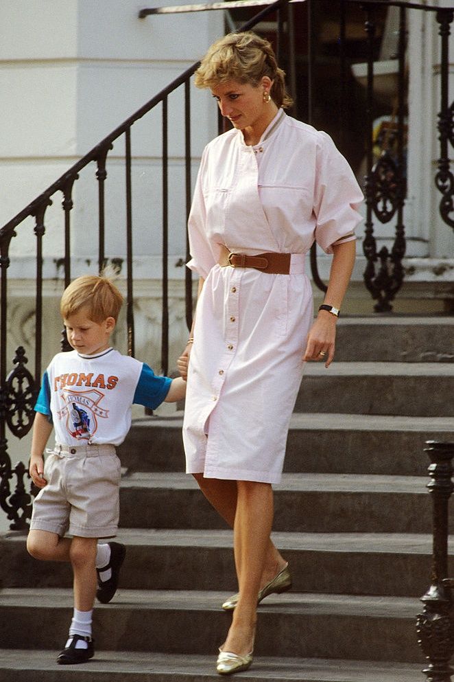 LONDON - JUNE: (FILE PHOTO) Prince Harry wears a Thomas the Tank Engine tee-shirt when he leaves nursery school with his mother, Diana, Princess of Wales in June 1989 in London, England. (Photo by Anwar Hussein/WireImage)