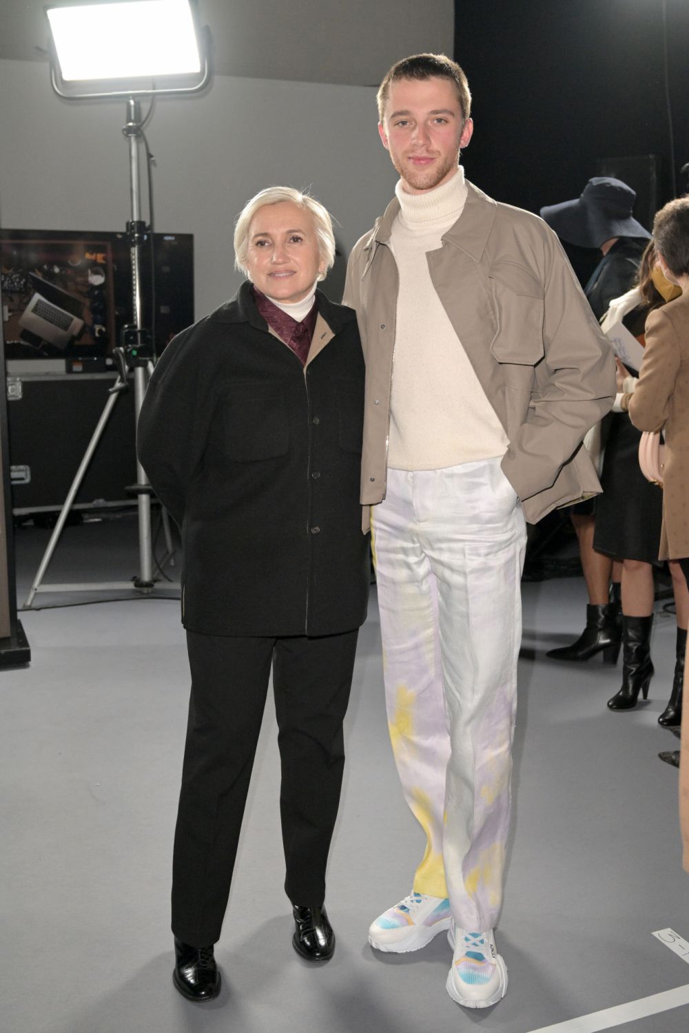 MILAN, ITALY - JANUARY 15: Designer Silvia Venturini Fendi and Benjamin Voisin are seen at the backstage of Fendi Fashion show on on January 15, 2022 in Milan, Italy. (Photo by Pietro S. D'Aprano/Getty Images for Fendi)