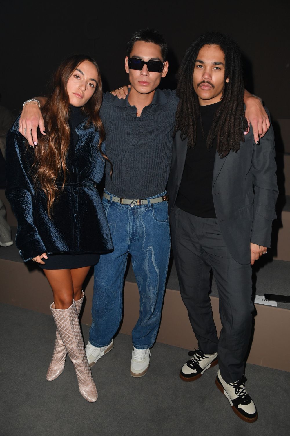 MILAN, ITALY - JANUARY 15: (L-R) Gray Sorrenti, Evan Mock and Luka Sabbat attend the Fendi fashion show on on January 15, 2022 in Milan, Italy. (Photo by Jacopo M. Raule/Getty Images for Fendi)
