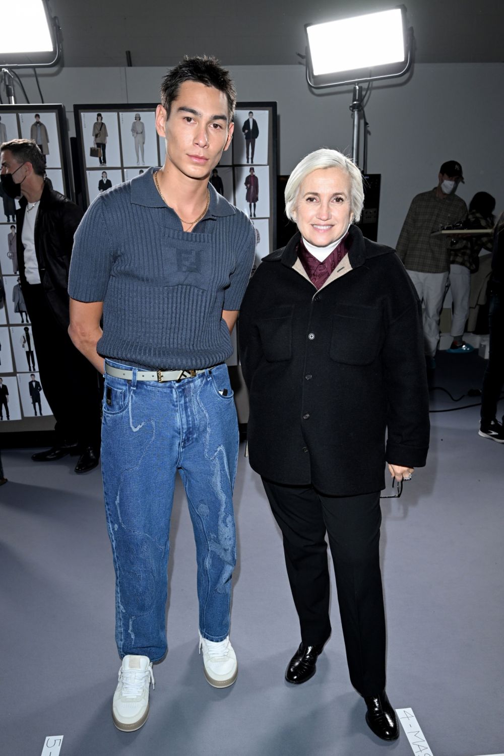 MILAN, ITALY - JANUARY 15: Evan Mock and designer Silvia Venturini Fendi are seen at the backstage of Fendi Fashion show on on January 15, 2022 in Milan, Italy. (Photo by Daniele Venturelli/Daniele Venturelli/Getty Images for Fendi )