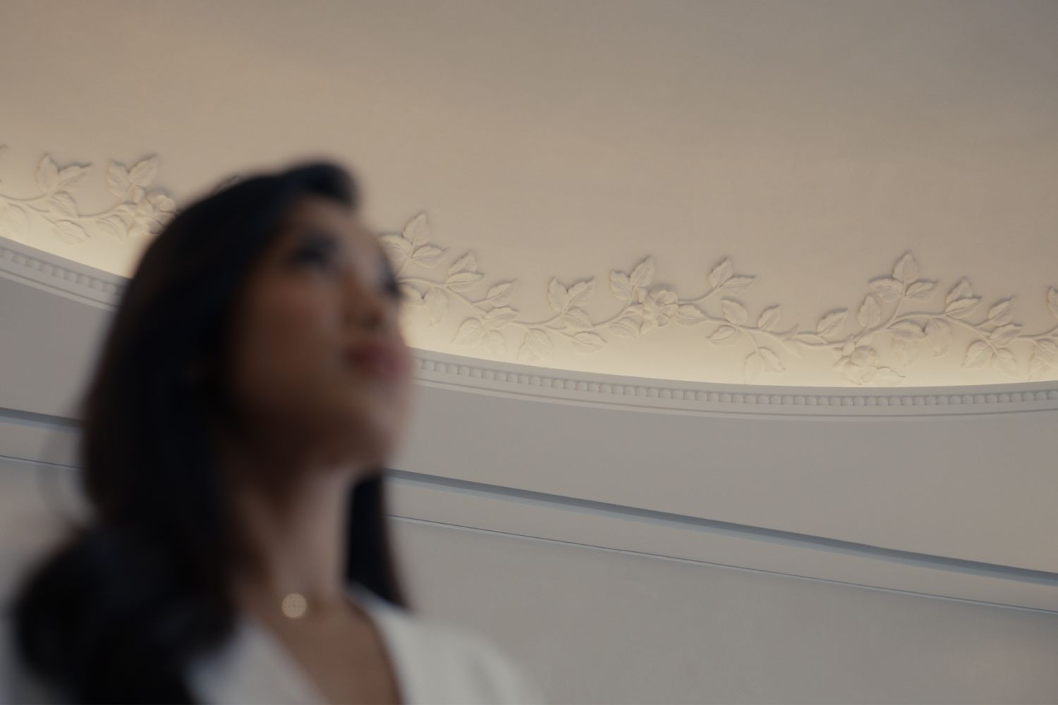 The curved oval ceiling features intricate domed moulding that brings to mind architectural details from Europe