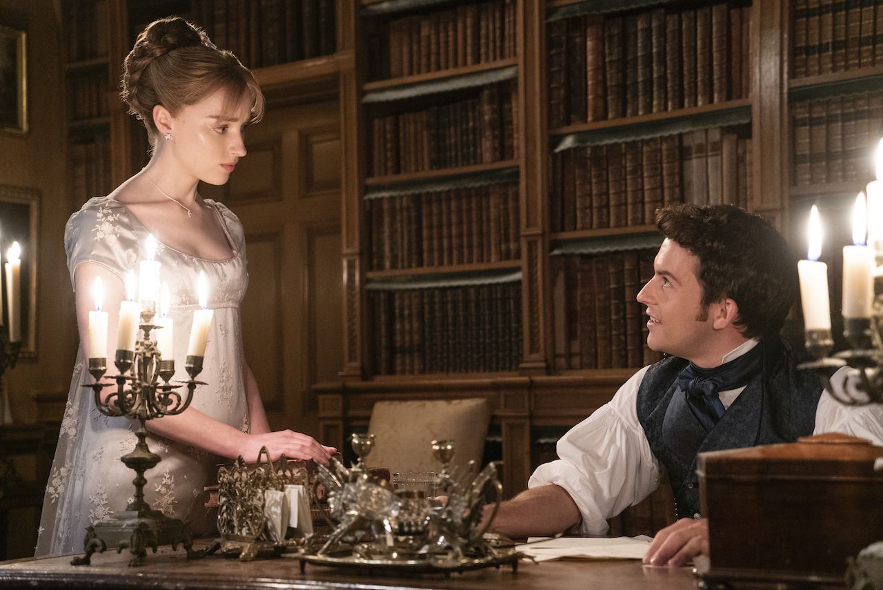 Bridgerton. (L to R) Phoebe Dyvenor as Daphne Basset, Jonathan Bailey as Anthony Bridgerton in episode 203 of Bridgerton. Cr. Liam Daniel/Netflix Â© 2022