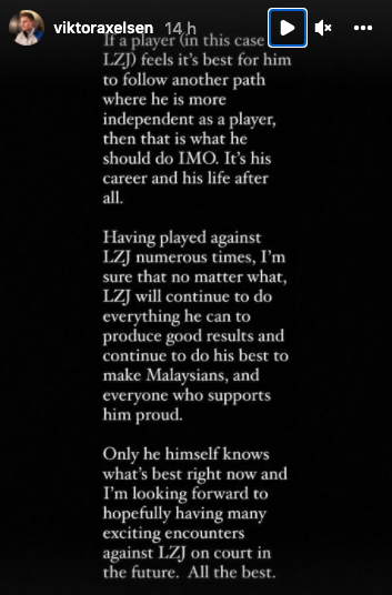 Viktor Axelsen's IG story in support of Lee Zii Jia (Screenshot: Instagram/@viktoraxelsen)