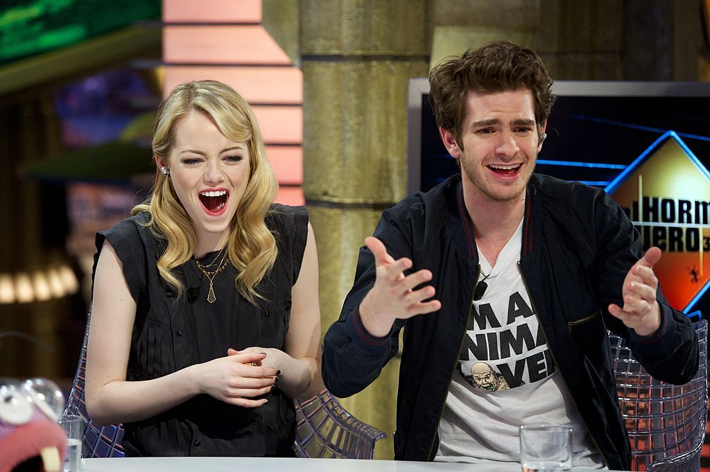 MADRID, SPAIN - JULY 05: Actress Emma Stone (L) and actor Andrew Garfield (R) attend "El Hormiguero" Tv show at Vertice Studio on July 5, 2012 in Madrid, Spain. (Photo by Juan Naharro Gimenez/WireImage)