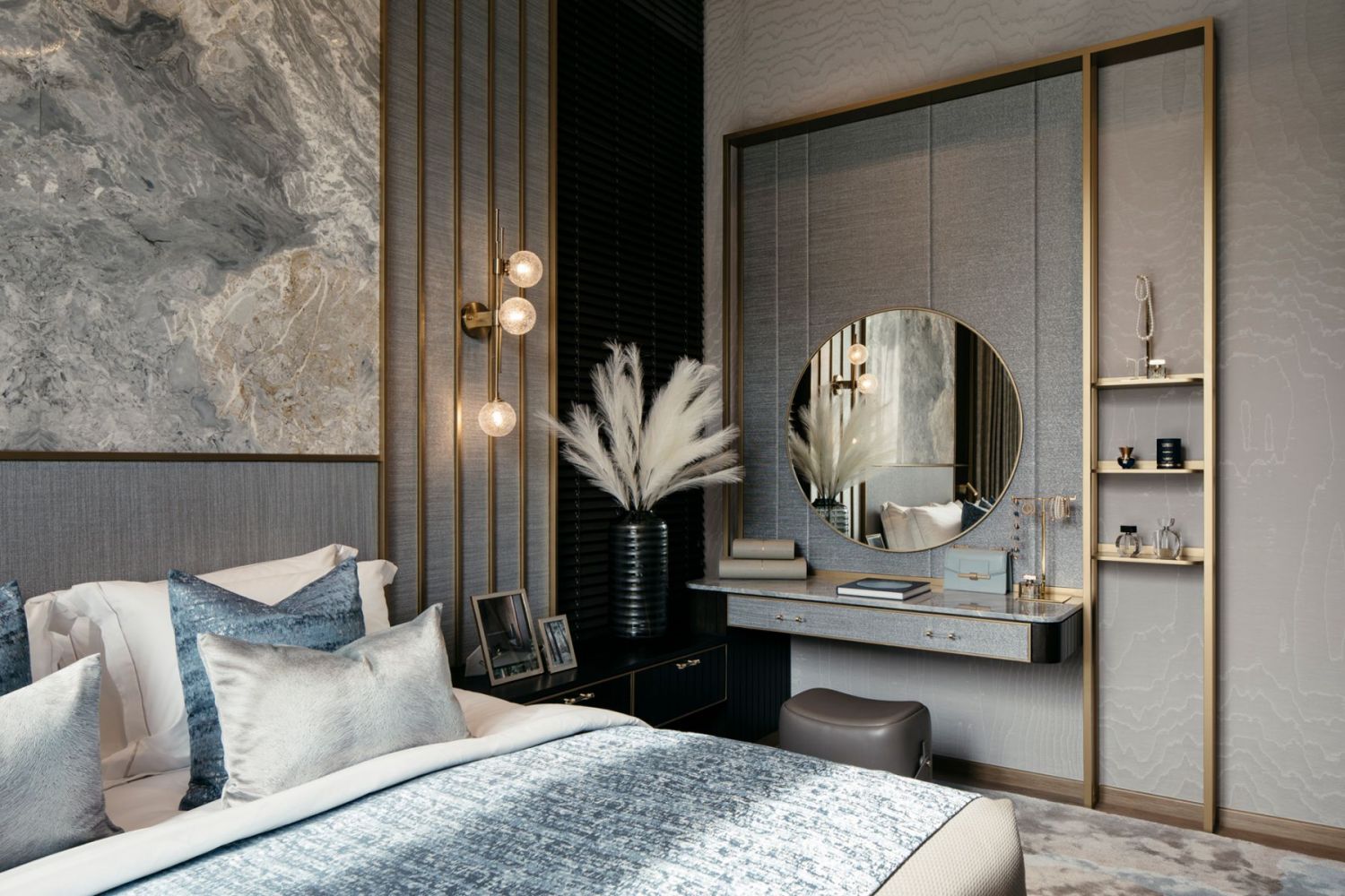 The use of beige tones and brass accents elevate the restful atmosphere of this bedroom (Photography: Marc Tan/Studio Periphery)