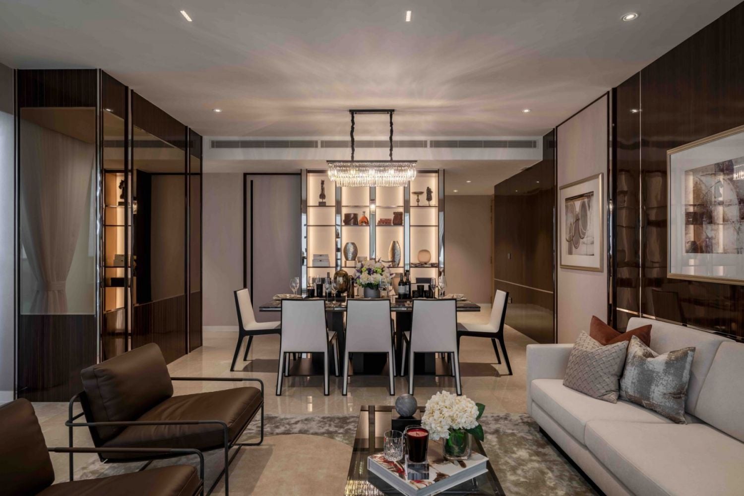 The glamorous dining area features a neutral colour scheme