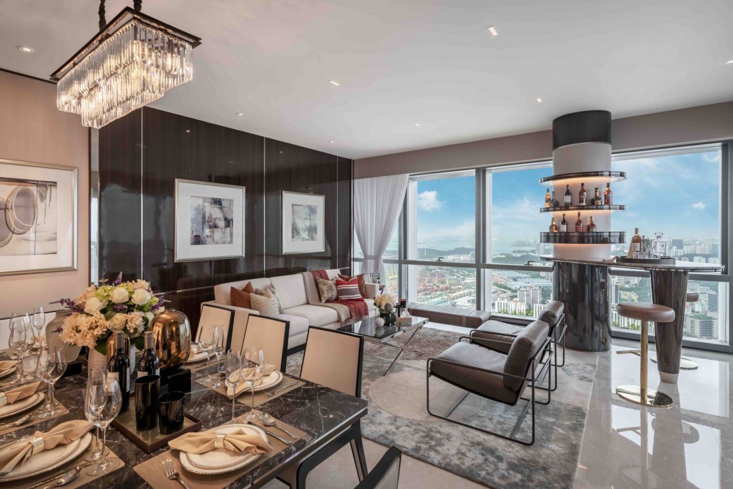 The open-plan living and dining areas look out to spectacular city views