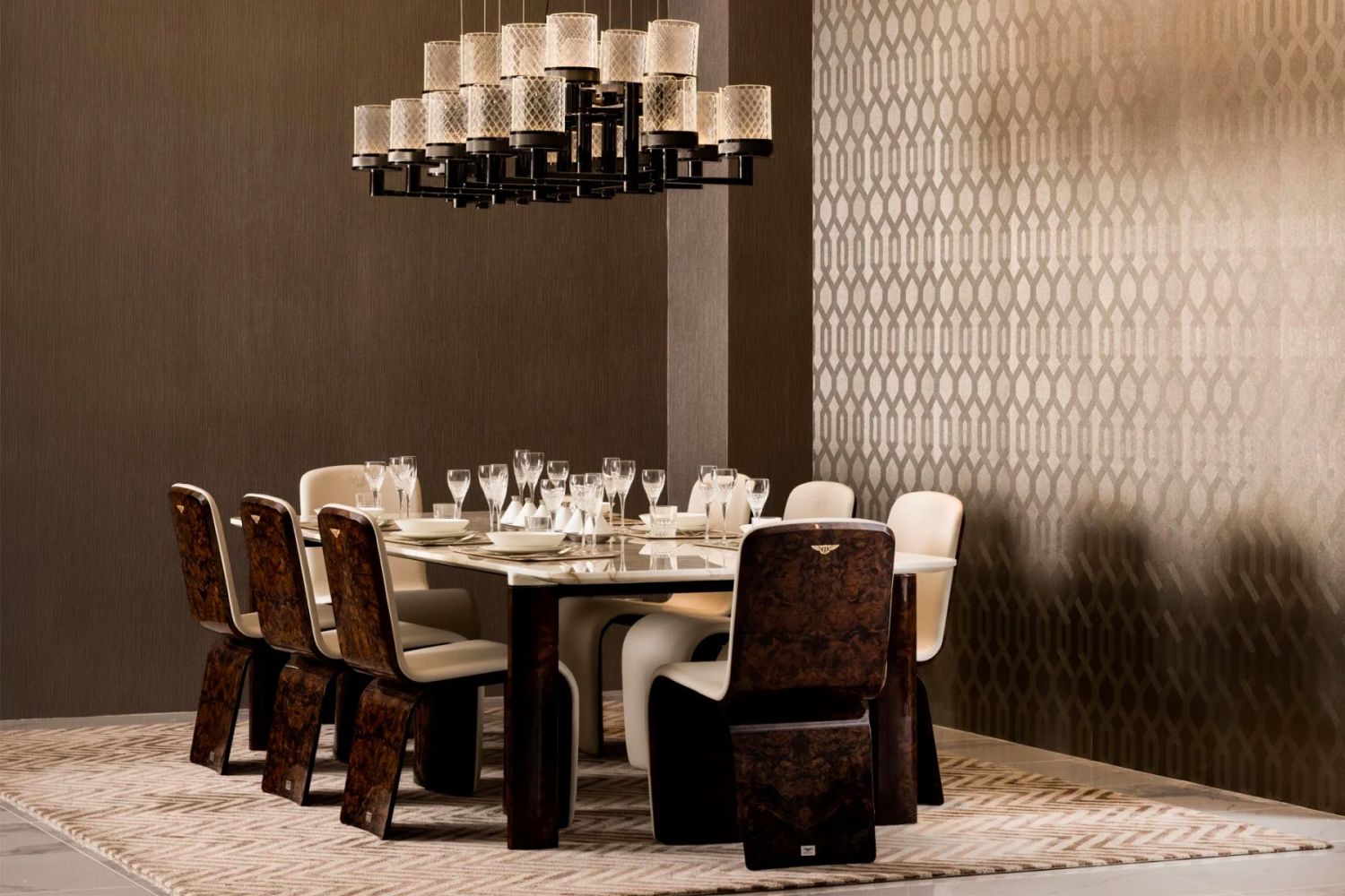 Furniture from Bentley Home is showcased in a grand dining room setting