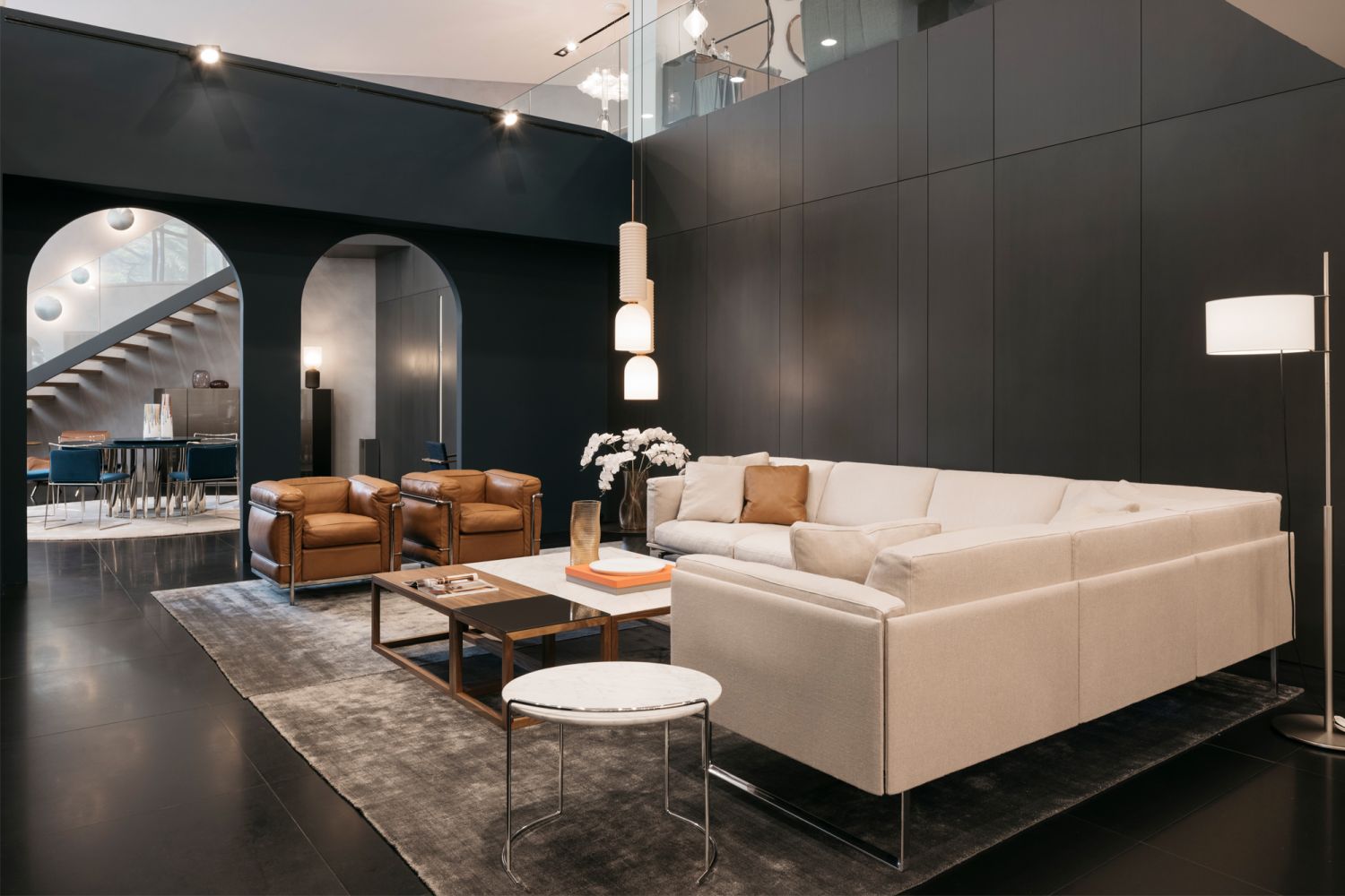 The showroom features an array of curved interior architectural elements that are easy on the eye