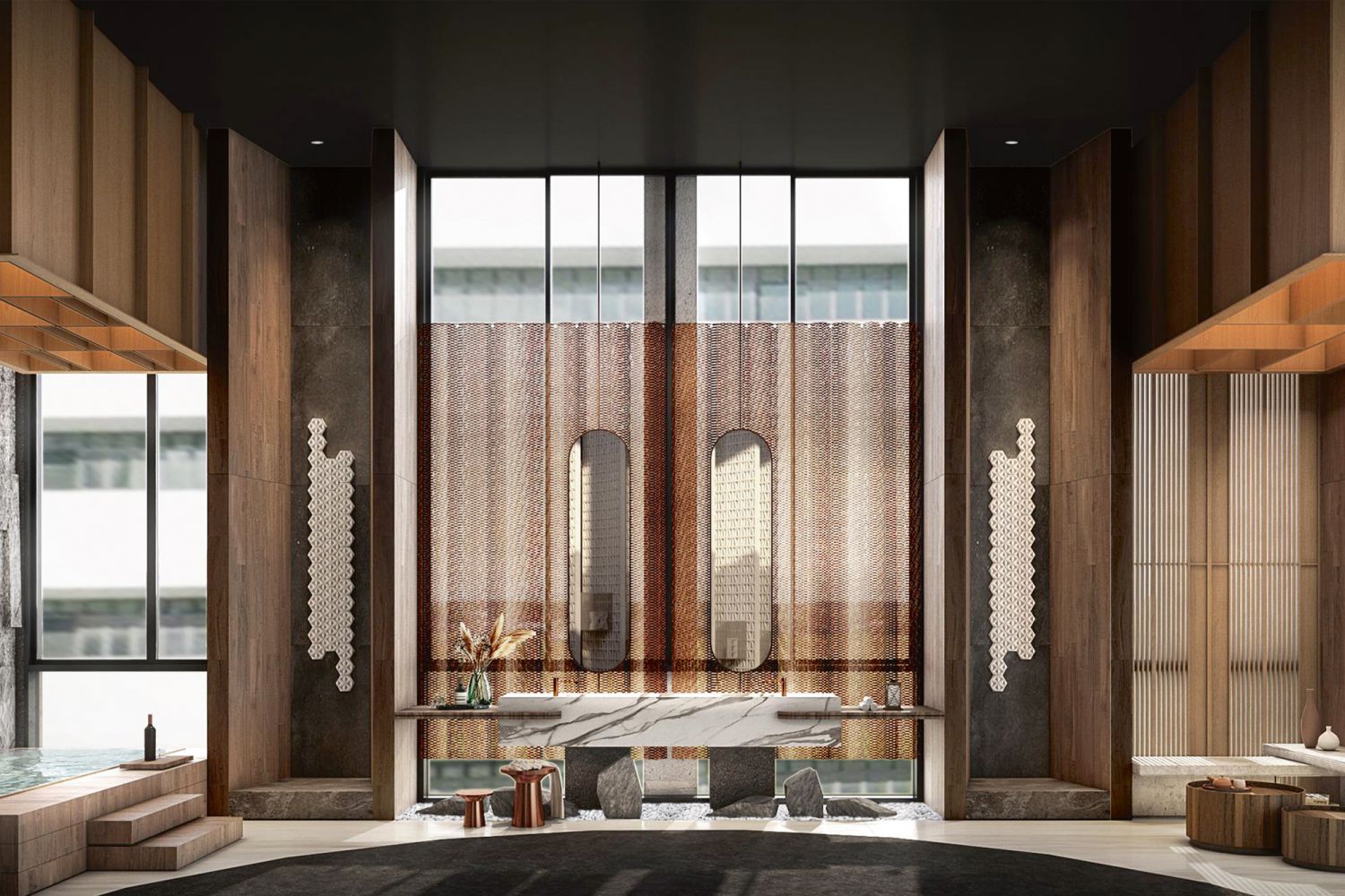 Hafary's newly renovated showroom showcases a large selection of tiles in a variety of settings