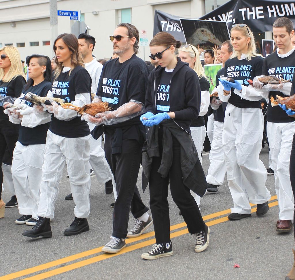 LOS ANGELES, CA - JUNE 02: Joaquin Phoenix and Rooney Mara lead a procession for National Animal Rights Day on June 2, 2019 in Los Angeles, California.  (Photo by BG69/Bauer-Griffin/GC Images)