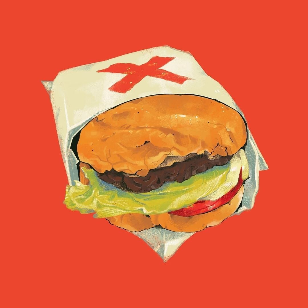 A cheeseburger from Sweet Ecstasy | Artwork: @artodrdr | Photo: @sweetxmanila/Instagram