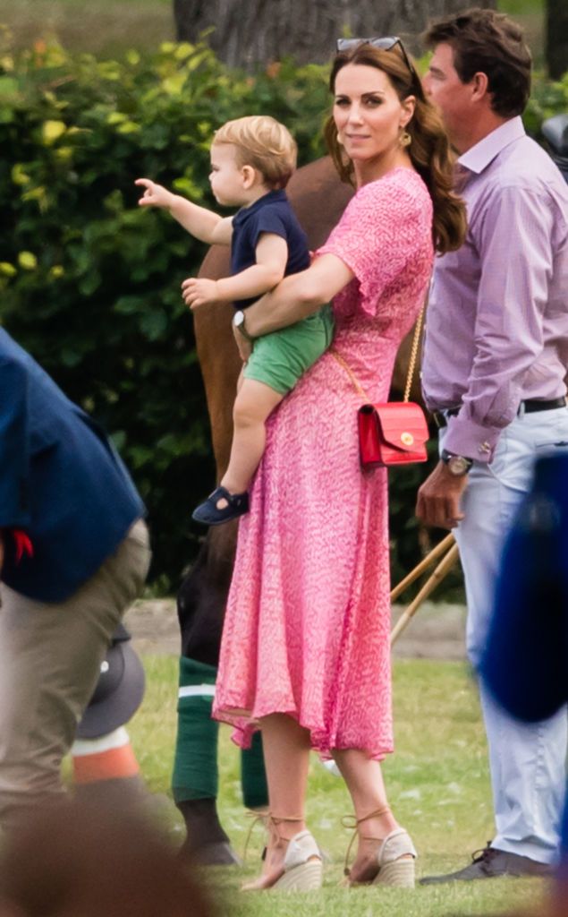 WOKINGHAM, ENGLAND - JULY 10: Catherine, Duchess of Cambridge and Prince Louis attend The King Power Royal Charity Polo Day at Billingbear Polo Club on July 10, 2019 in Wokingham, England. (Photo by Samir Hussein/WireImage)