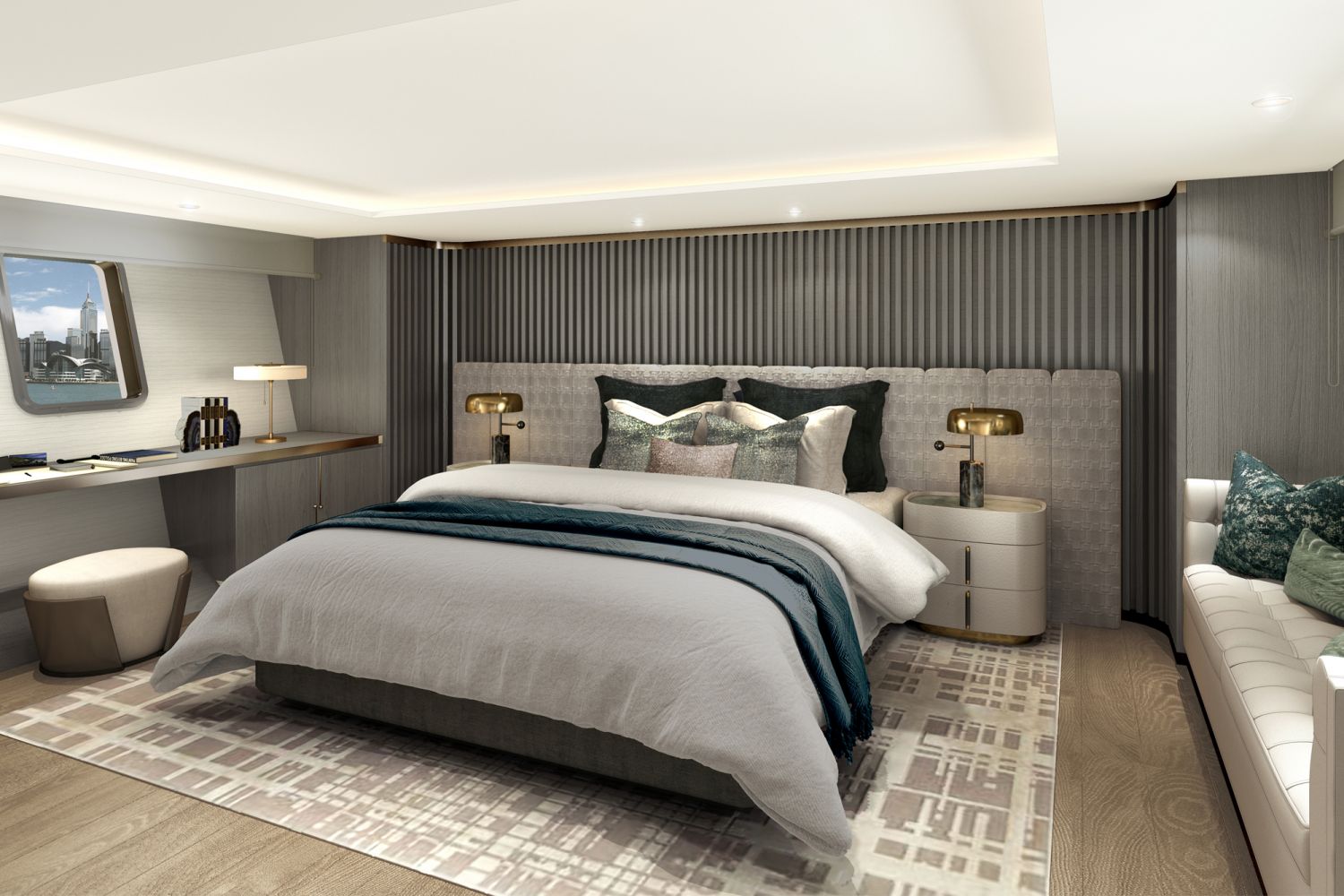 A multifunctional bedroom on a Sanlorenzo luxury yacht, designed by Steve Leung Design Group (Image: Steve Leung Design Group)